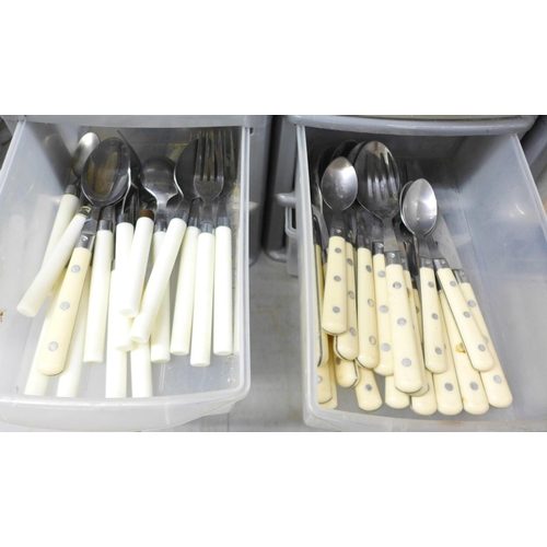 1185 - Two sets of plastic drawers with mixed cutlery and a collection of knives and knife sharpeners**PLEA... 