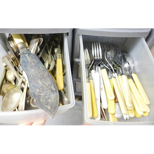 1185 - Two sets of plastic drawers with mixed cutlery and a collection of knives and knife sharpeners**PLEA... 