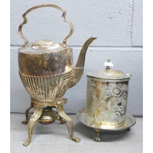 1191 - A plated kettle on stand missing finial and a plated Viners biscuit barrel