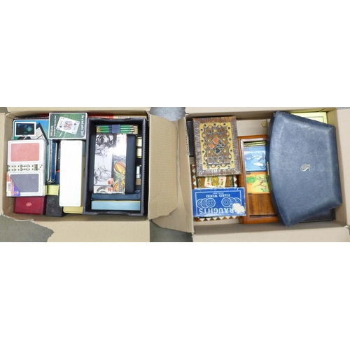 1192 - Two boxes of bridge sets, playing cards, dominoes, draughts, etc., some sealed **PLEASE NOTE THIS LO... 