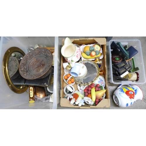 1205 - Three boxes of metalwares, treen, china, two large jugs, a circular mirror, etc.**PLEASE NOTE THIS L... 