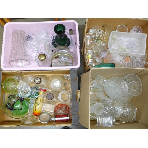 1215 - Four boxes of mixed glass including a large vase, bowl, coloured glass, ornaments, etc. **PLEASE NOT... 