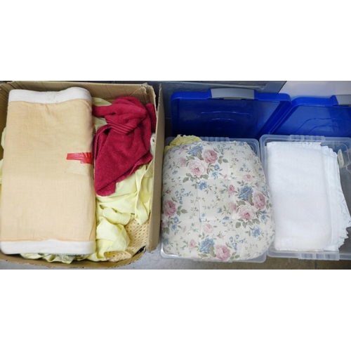 1216 - Two boxes of table linen, small rug, etc. **PLEASE NOTE THIS LOT IS NOT ELIGIBLE FOR POSTING AND PAC... 