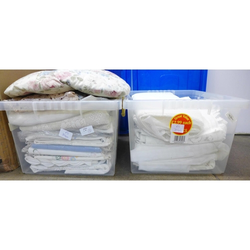 1216 - Two boxes of table linen, small rug, etc. **PLEASE NOTE THIS LOT IS NOT ELIGIBLE FOR POSTING AND PAC... 