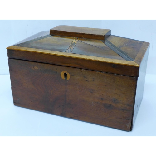 602 - A 19th Century yew wood two compartment tea caddy, internal lids a/f, 23cm