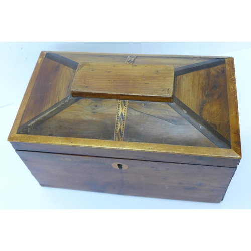 602 - A 19th Century yew wood two compartment tea caddy, internal lids a/f, 23cm