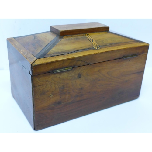 602 - A 19th Century yew wood two compartment tea caddy, internal lids a/f, 23cm