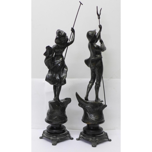 607 - A pair of spelter figures, farm girl and boy, 39.5cm