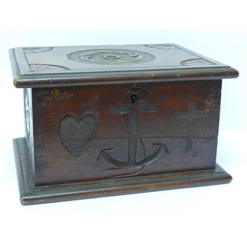 611 - A wooden box with Faith, Hope and Charity carvings