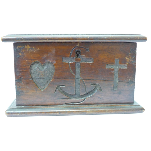 611 - A wooden box with Faith, Hope and Charity carvings