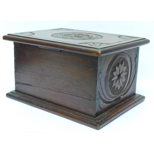 611 - A wooden box with Faith, Hope and Charity carvings