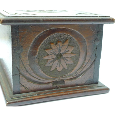 611 - A wooden box with Faith, Hope and Charity carvings