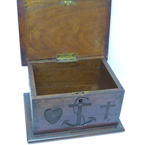 611 - A wooden box with Faith, Hope and Charity carvings