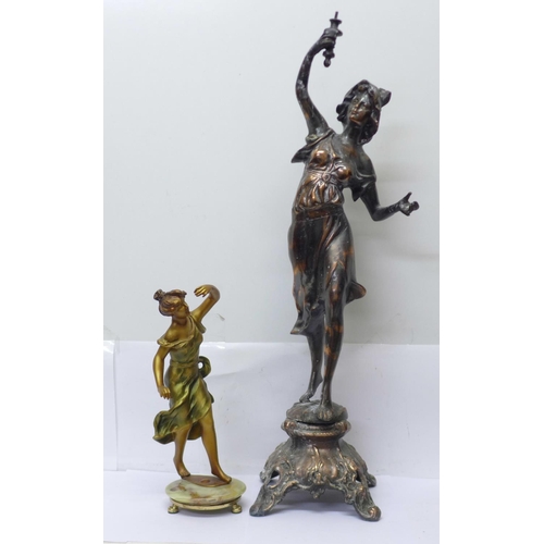 613 - Two spelter figures of ladies, tallest 69cm