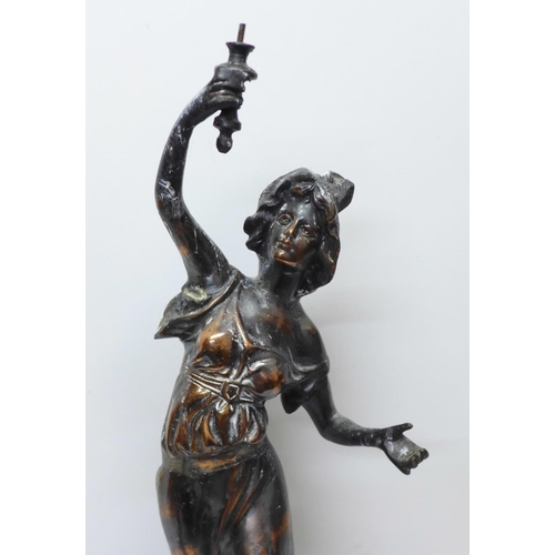 613 - Two spelter figures of ladies, tallest 69cm