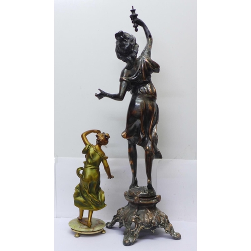 613 - Two spelter figures of ladies, tallest 69cm