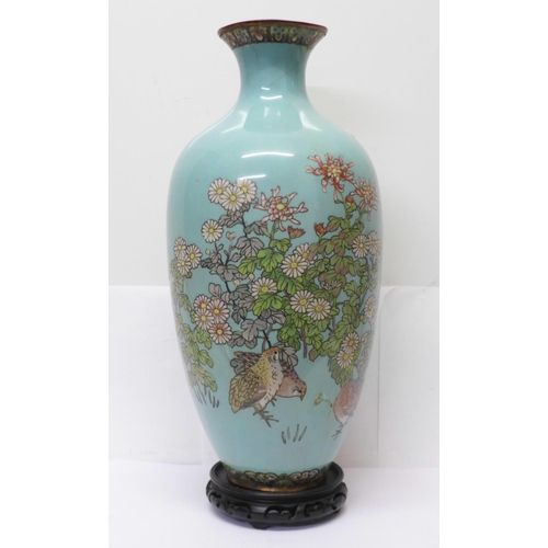 631A - A Japanese cloisonne vase on stand, lacking base, inside rim a/f, 45cm