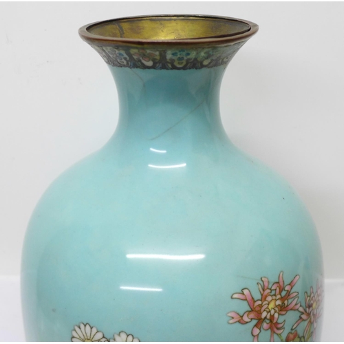 631A - A Japanese cloisonne vase on stand, lacking base, inside rim a/f, 45cm