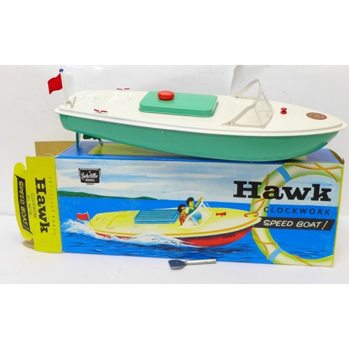 647 - A Sutcliffe Model Hawk clockwork all metal Speed Boat, boxed