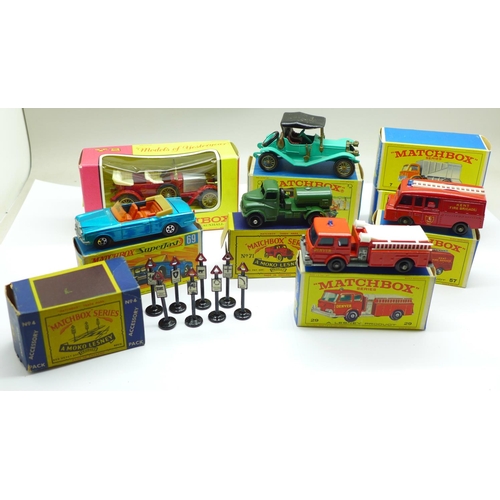 649 - Nine Matchbox models; Series no.4 Road Signs, no.71 Army Water Truck, Series numbers 7, 29, 57 and 5... 