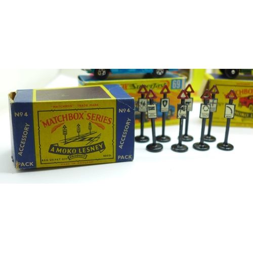 649 - Nine Matchbox models; Series no.4 Road Signs, no.71 Army Water Truck, Series numbers 7, 29, 57 and 5... 