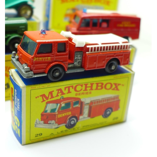 649 - Nine Matchbox models; Series no.4 Road Signs, no.71 Army Water Truck, Series numbers 7, 29, 57 and 5... 