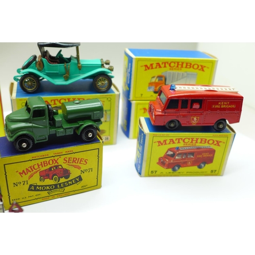 649 - Nine Matchbox models; Series no.4 Road Signs, no.71 Army Water Truck, Series numbers 7, 29, 57 and 5... 