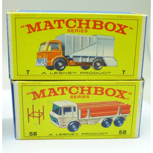 649 - Nine Matchbox models; Series no.4 Road Signs, no.71 Army Water Truck, Series numbers 7, 29, 57 and 5... 