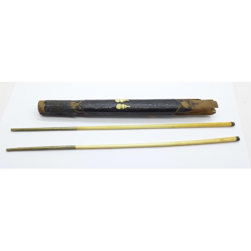 651 - A pair of 19th Century Chinese chopsticks with brass and metal ends, holder a/f