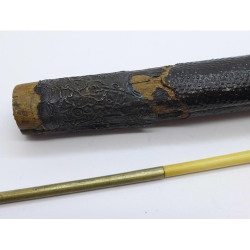 651 - A pair of 19th Century Chinese chopsticks with brass and metal ends, holder a/f