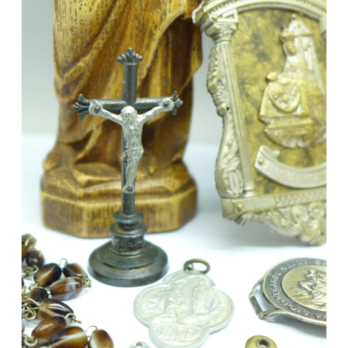 659 - A collection of religious items including Rosary, medallions, figure, miniature travel figure, Holy ... 