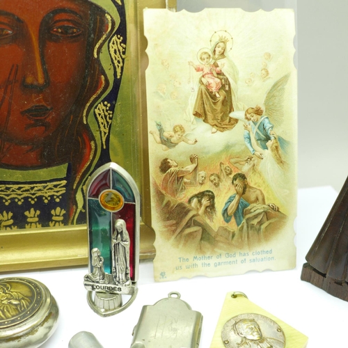 659 - A collection of religious items including Rosary, medallions, figure, miniature travel figure, Holy ... 