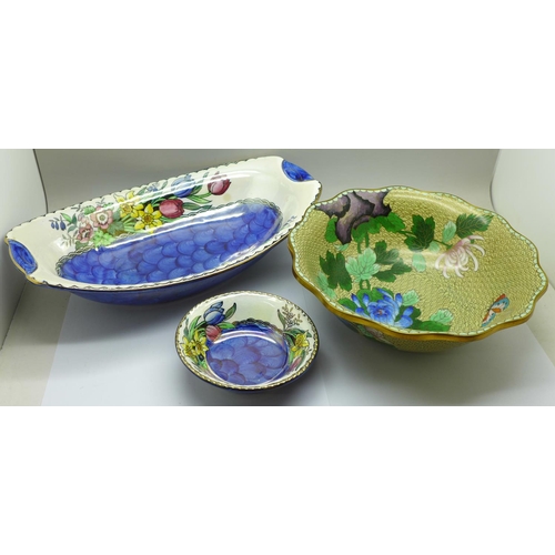 671 - A Chinese cloisonne bowl, 21cm, a Maling bowl and a Maling pin dish