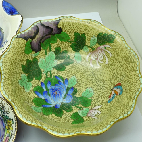 671 - A Chinese cloisonne bowl, 21cm, a Maling bowl and a Maling pin dish