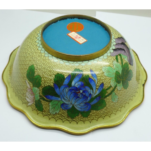 671 - A Chinese cloisonne bowl, 21cm, a Maling bowl and a Maling pin dish