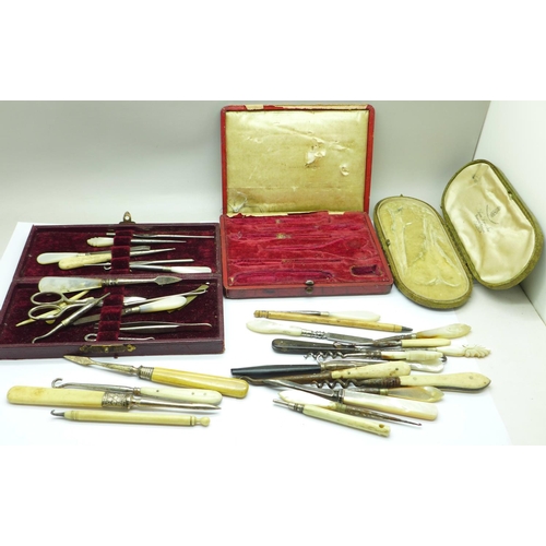 676 - A cased manicure set, two manicure boxes and tools