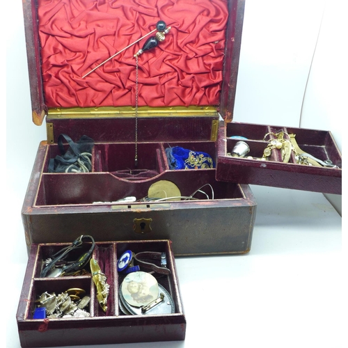 683 - A Victorian leather covered jewellery box and costume jewellery