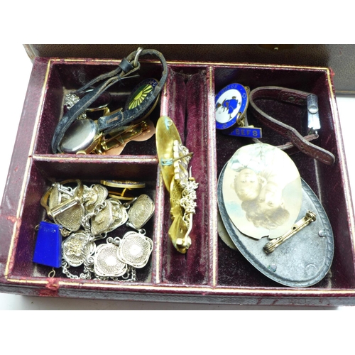 683 - A Victorian leather covered jewellery box and costume jewellery