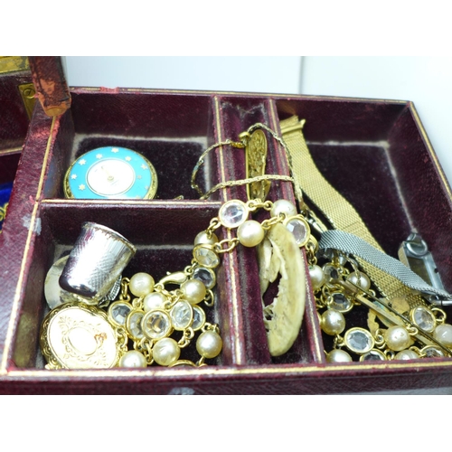 683 - A Victorian leather covered jewellery box and costume jewellery