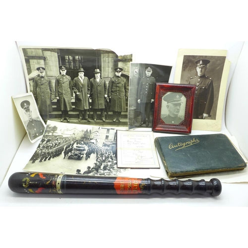 684 - A Merthyr Tydfil Borough police truncheon, photographs and an autograph book