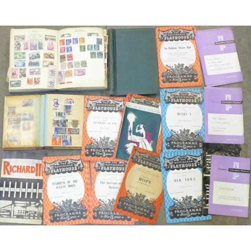 689 - A collection of 1950's and 1960's Nottingham Playhouse theatre programmes and a collection of stamps