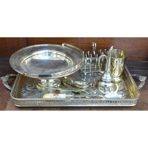 694 - Plated ware including an Elkington wine funnel, tray, basket, salad servers, etc.