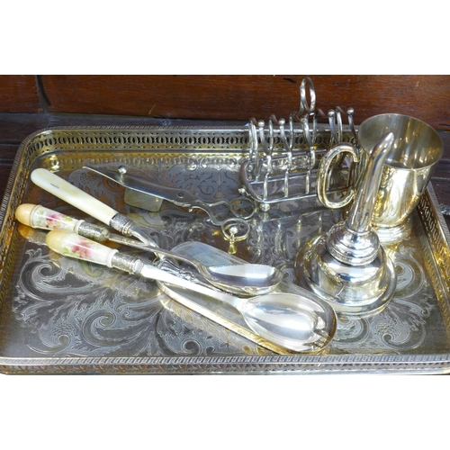 694 - Plated ware including an Elkington wine funnel, tray, basket, salad servers, etc.