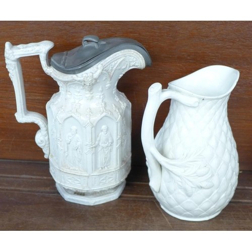 724 - A mid 19th Century Charles Meigh relief moulded Apostle jug in the Gothic style with pewter top, han... 