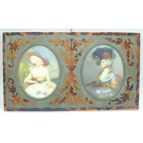 732 - Two portrait miniatures with faux tortoiseshell boulle style frame