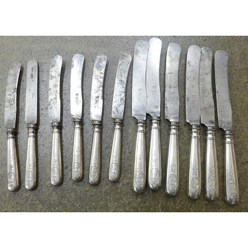 741 - Twelve 800 silver handled knives marked Solingen (6+6)