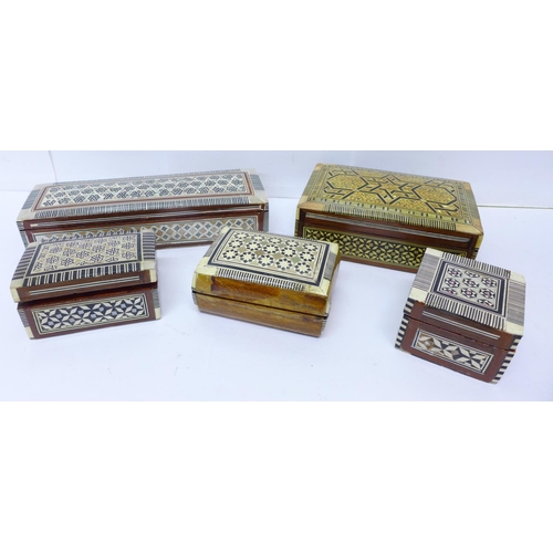 750 - Five inlaid boxes including mother of pearl set