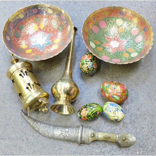 771 - An Eastern dagger, two similar bowls, incense burners and four decorative eggs