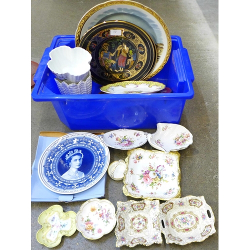 776 - A pair of Wedgwood deep red ground and gold plates, a Meissen cabinet plate, a Coalport planter, a p... 