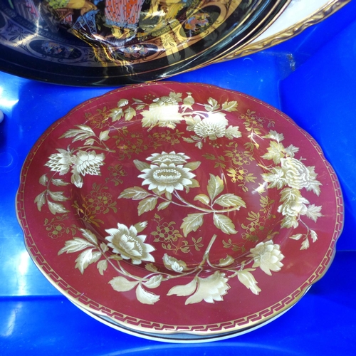 776 - A pair of Wedgwood deep red ground and gold plates, a Meissen cabinet plate, a Coalport planter, a p... 